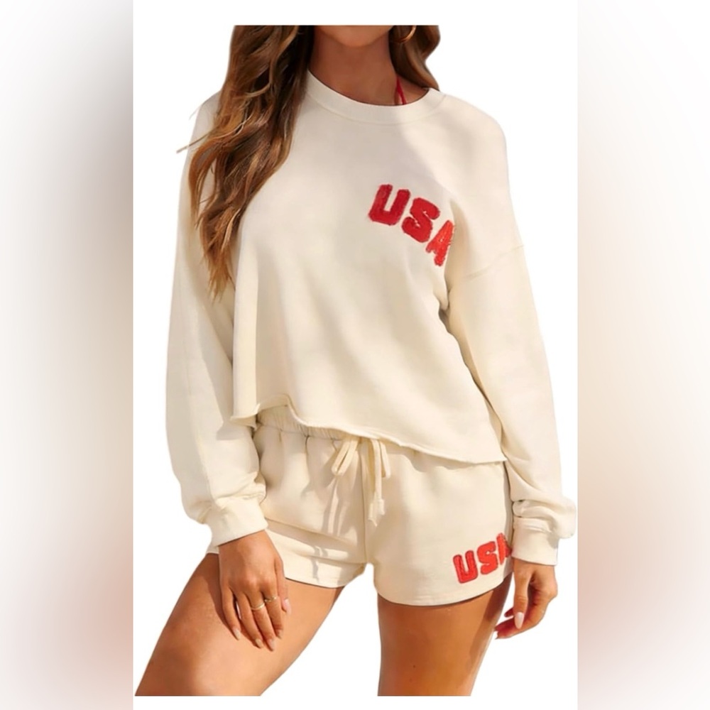 USA Beige 2 pc long Sleeve and Shorts Lounge Sets